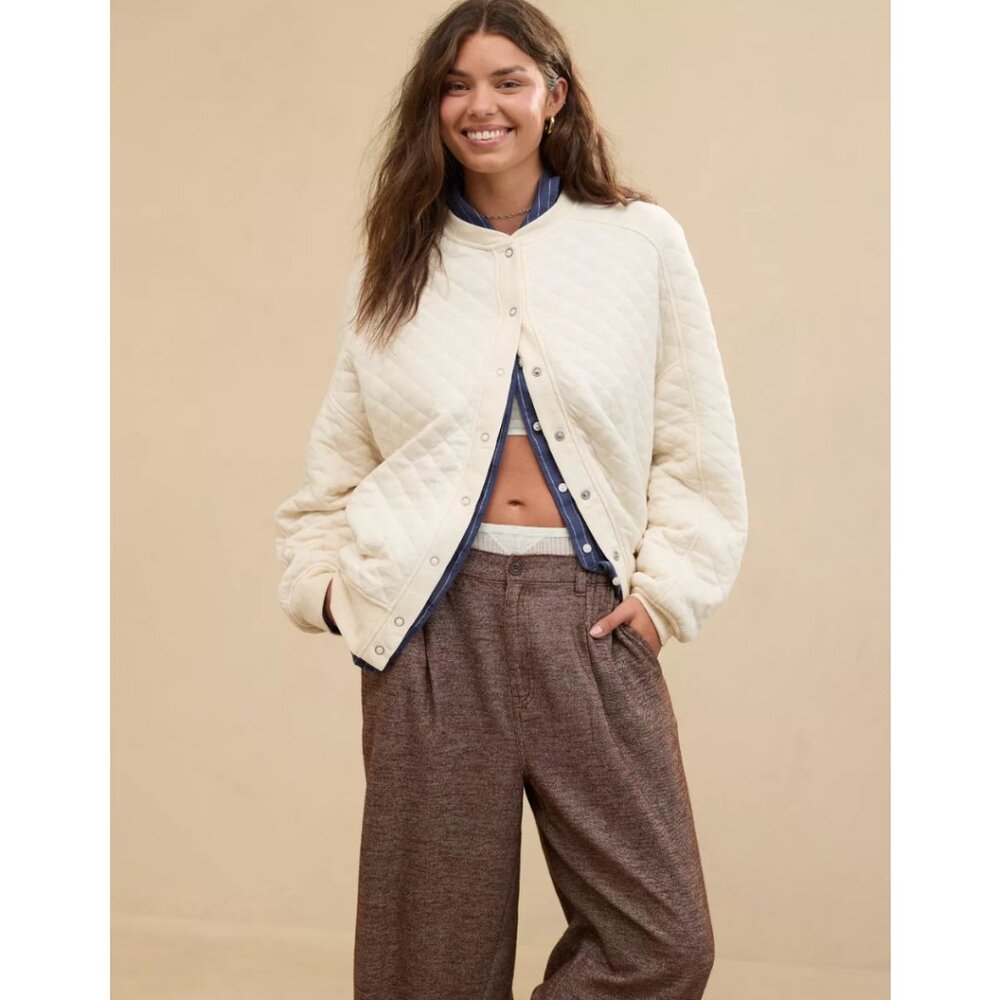 aerie Quilted Ivory Snap-Front Bomber Jacket - Picture 2 of 7